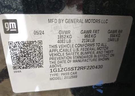 2024 Chevrolet Malibu Fwd Rs из США, поврежденный, VIN 1G1ZG5ST2RF220430